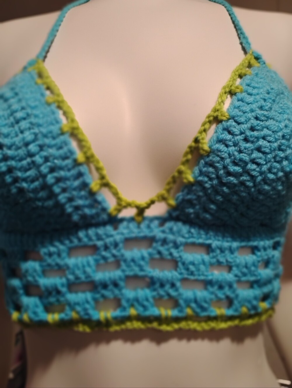 Handmade Crochet Bralette - Turquoise with Lime Trim - Picture 3 of 11